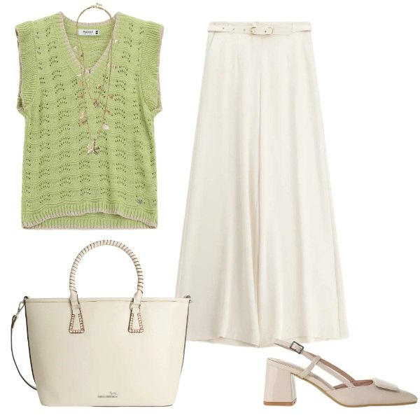 Outfit donna - Total look #2408896. Stile Basic per Ufficio. Abbinamento con pantaloni a palazzo, décolleté, collane, shopping bag, top.