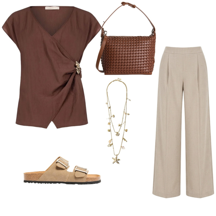 Outfit donna - Camminare per i borghi. per Tutti i giorni. Abbinamento con ciabatte, collane, bluse, pantaloni a palazzo, borse a spalla.