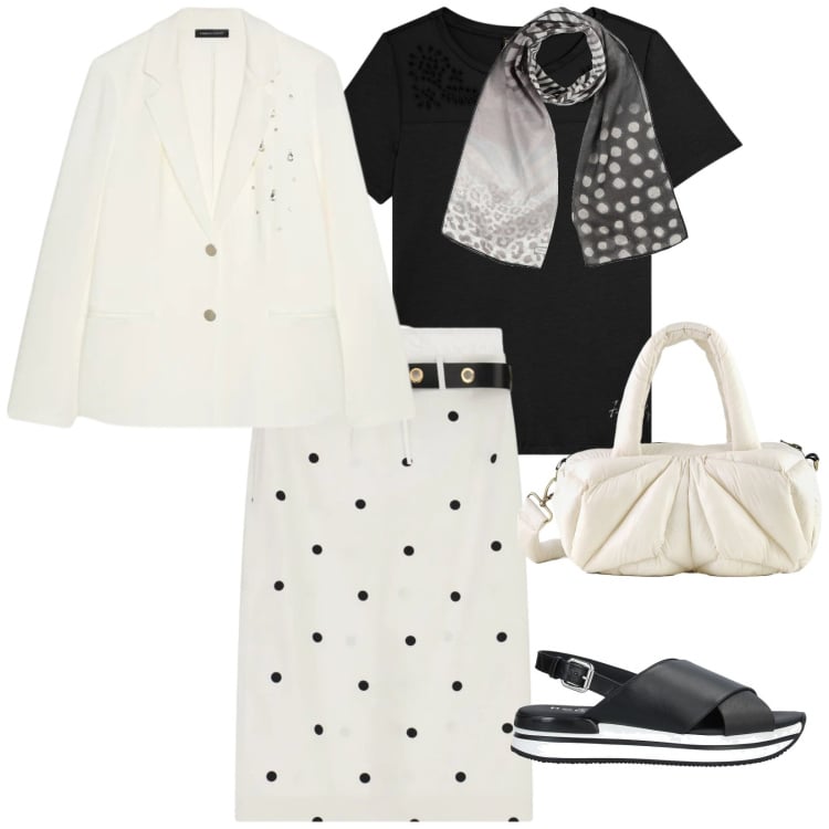 Outfit donna - A lavoro comoda. per Scuola/Università. Abbinamento con sciarpe, sandali in pelle, gonne longuette, borse a mano, blazer, t-shirt.