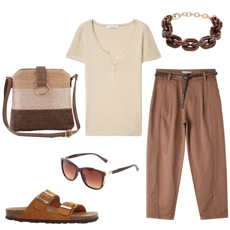 Outfit donna - Total look #2408904. Abbinamento con ciabatte, braccialetti, borse a tracolla, occhiali da sole, pantaloni, t-shirt.