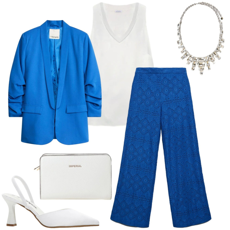 Outfit donna - Total look #2408905. Stile Chic per Cerimonia. Abbinamento con décolleté, blazer, pantaloni, borse a tracolla, top, collane.