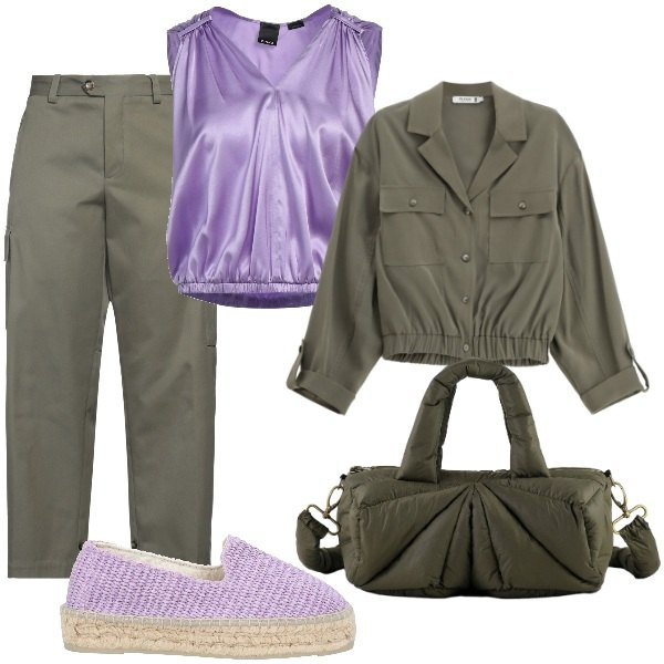 Outfit donna - Total look #2408907. Stile Military per Tutti i giorni. Abbinamento con pantaloni cargo, top, espadrillas, camicie, borse a mano.