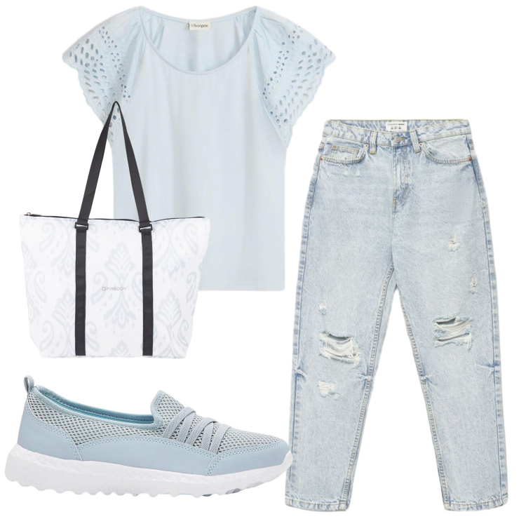 Outfit donna - Total look #2408909. Stile Casual chic per Scuola/Università. Abbinamento con t-shirt, sneakers, jeans mom, shopping bag.