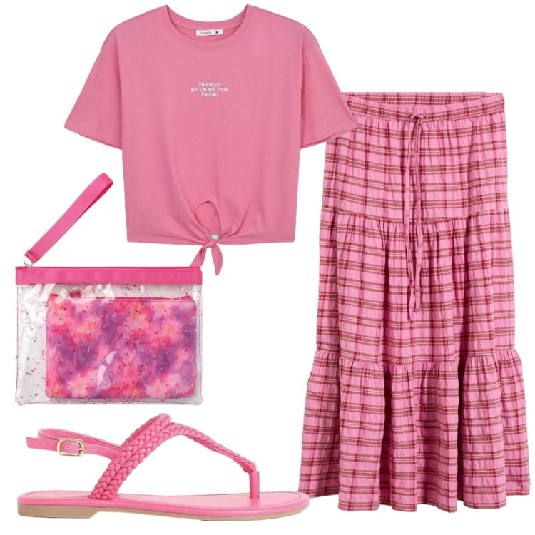 Outfit donna - Total look #2408910. Stile Basic per Mare. Abbinamento con sandali, gonne longuette, t-shirt, pochette.