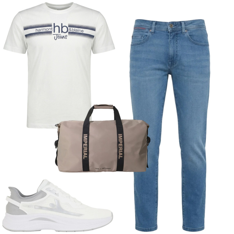 Outfit uomo - Total look #2408912. Stile Casual per Tutti i giorni. Abbinamento con borse sportive, t-shirt, jeans slim fit, sneakers.