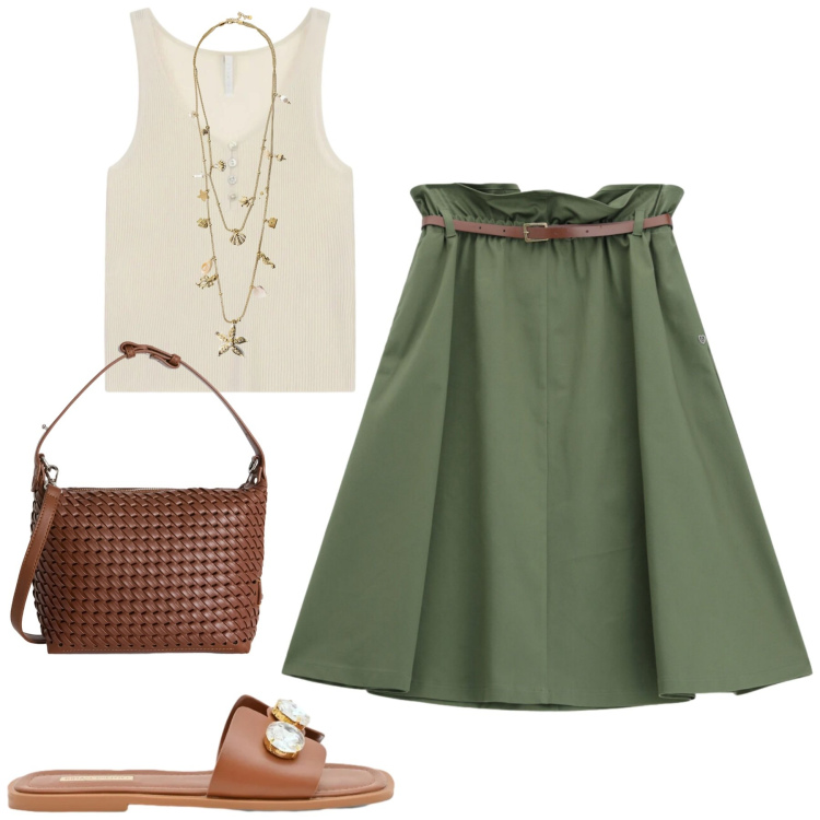 Outfit donna - Summer. Stile Casual chic per Tutti i giorni. Abbinamento con borse a spalla, collane, top, sandali gioiello, gonne longuette.