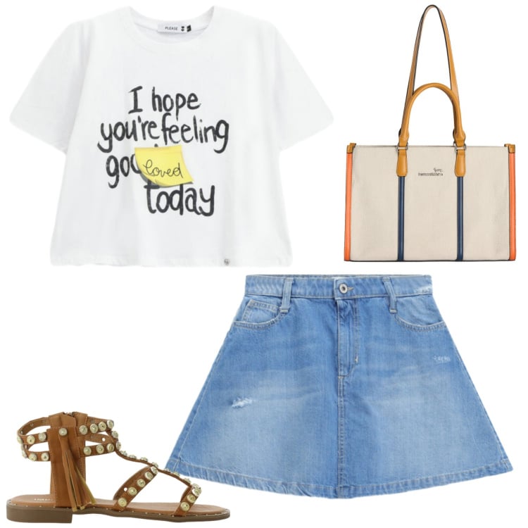 Outfit donna - Total look #2408915. Stile Casual per Tutti i giorni. Abbinamento con borse tote, sandali, minigonne, t-shirt.
