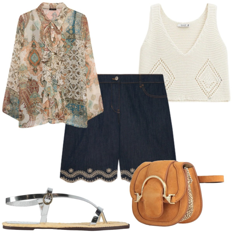 Outfit donna - Total look #2408918. Stile Etnico per Tutti i giorni. Abbinamento con marsupi, ciabatte, top, camicie, bermuda.
