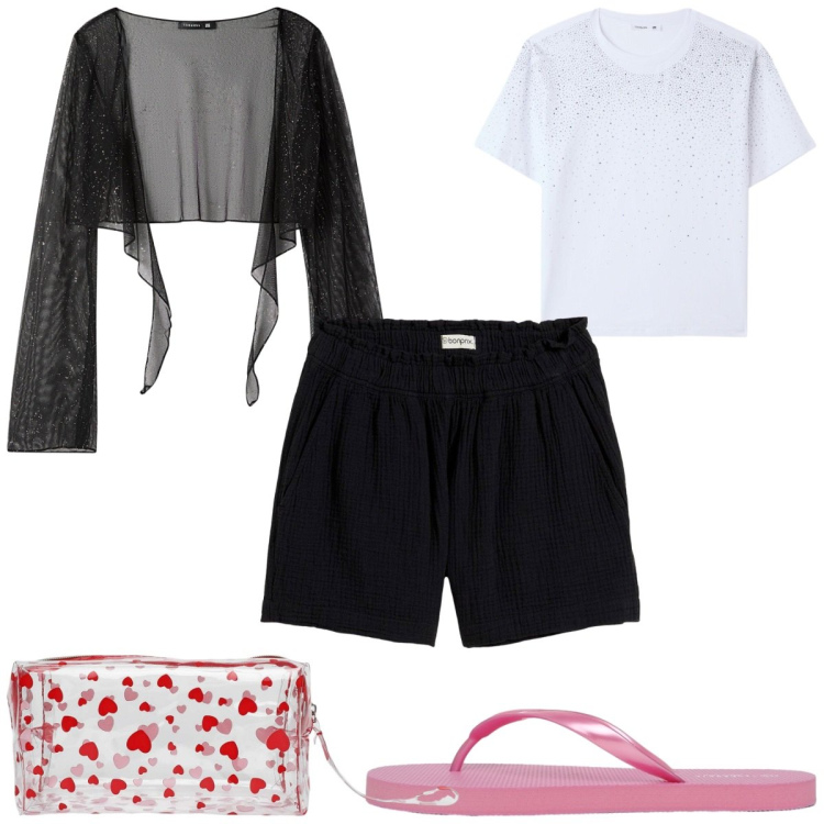 Outfit donna - Total look #2408922. Stile Trendy per Tutti i giorni. Abbinamento con shorts, blazer, t-shirt, infradito, valigie.