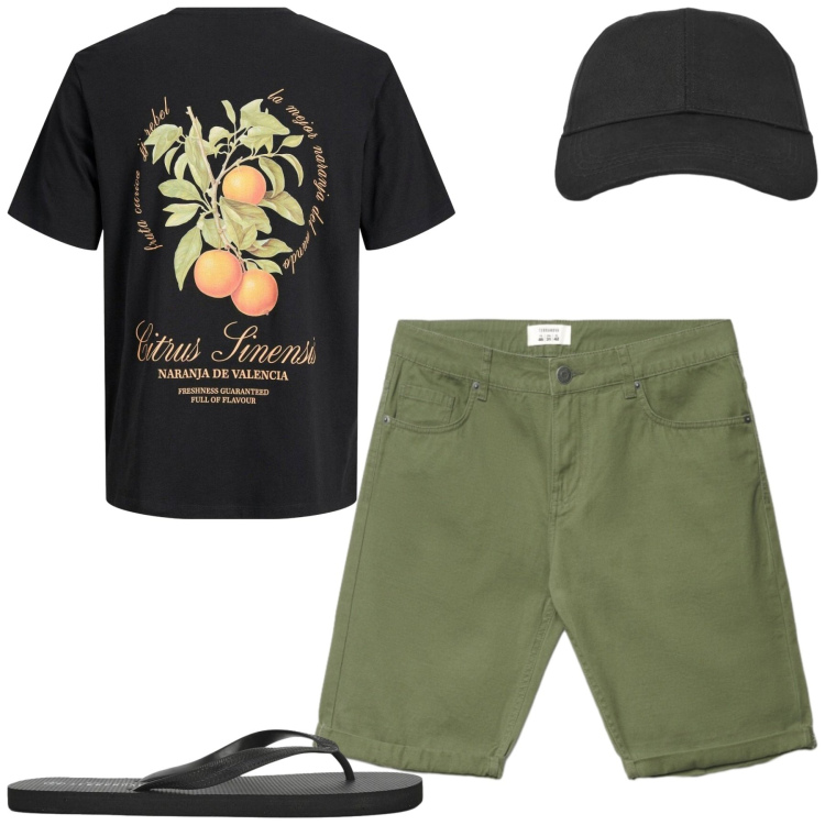 Outfit uomo - Al mare. Stile Casual per Mare. Abbinamento con t-shirt, bermuda, cappelli con visiera, sandali.