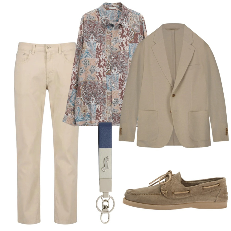 Outfit uomo - Maggio sabbia. Stile Casual per Tutti i giorni. Abbinamento con camicie, scarpe stringate, portachiavi, pantaloni, giacche.