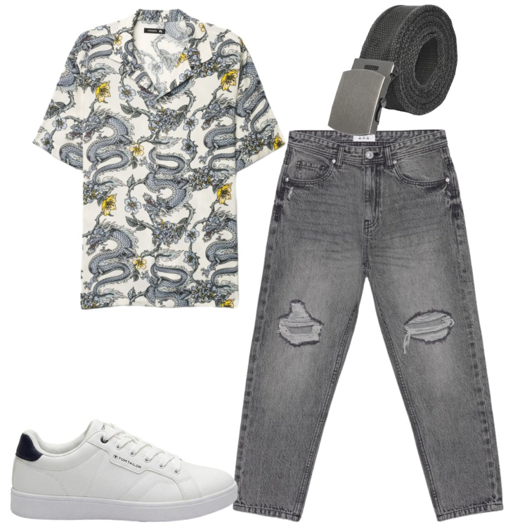 Outfit uomo - Total look #2408926. Stile Casual per Tutti i giorni. Abbinamento con sneakers, cinture, jeans strappati, camicie a manica corta.