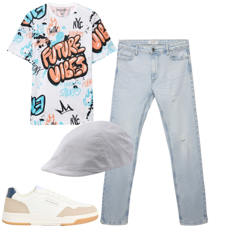 Outfit uomo - Total look #2408927. Stile Casual per Tutti i giorni. Abbinamento con sneakers, t-shirt, jeans strappati, cappelli con visiera.