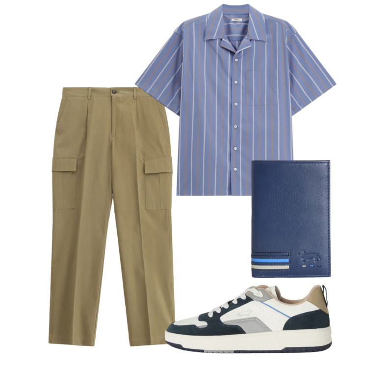 Outfit uomo - Maggio. Stile Casual per Tutti i giorni. Abbinamento con pantaloni cargo, camicie a manica corta, portafogli, sneakers.