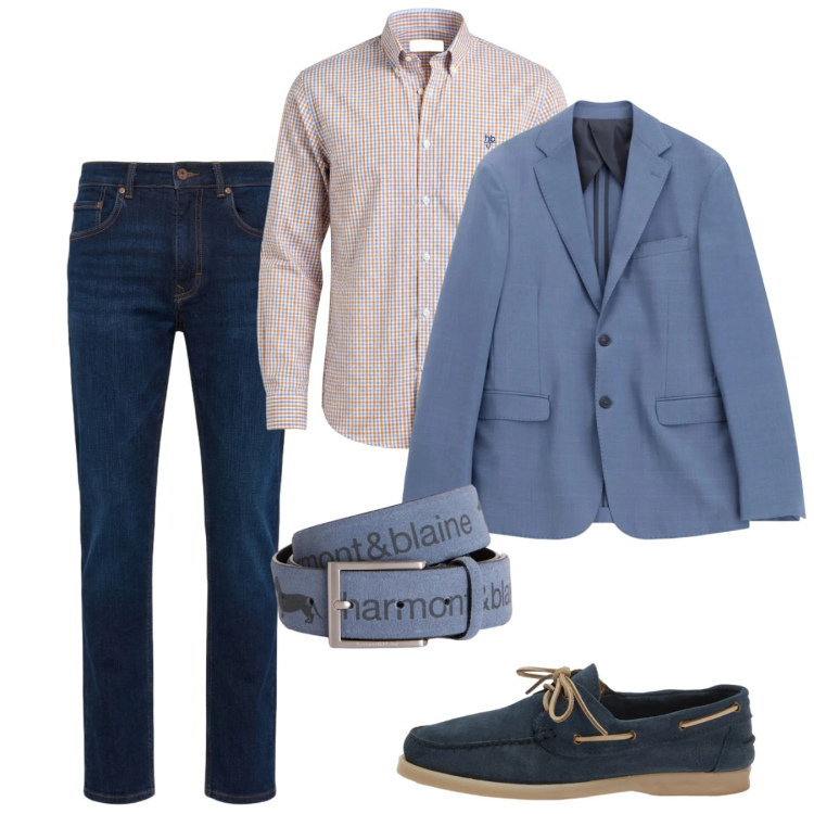 Outfit uomo - Spezzato casual. Stile Casual per Tutti i giorni. Abbinamento con giacche, cinture, jeans, scarpe stringate, camicie.