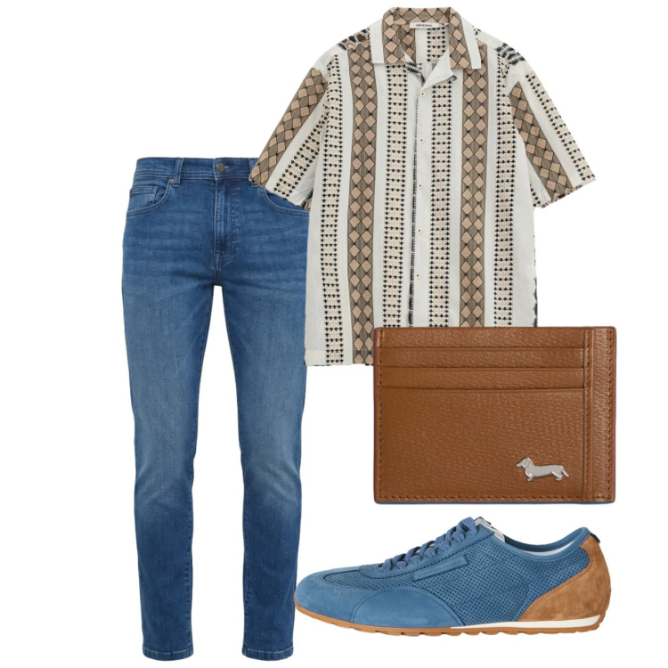Outfit uomo - Mezze maniche di maggio. Stile Casual per Tutti i giorni. Abbinamento con camicie a manica corta, portafogli, jeans slim fit, sneakers.