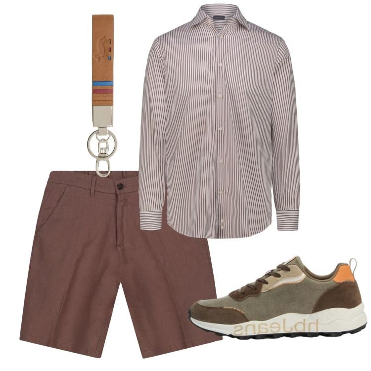 Outfit uomo - Turista. Stile Casual per Tutti i giorni. Abbinamento con sneakers, portachiavi, camicie, bermuda.