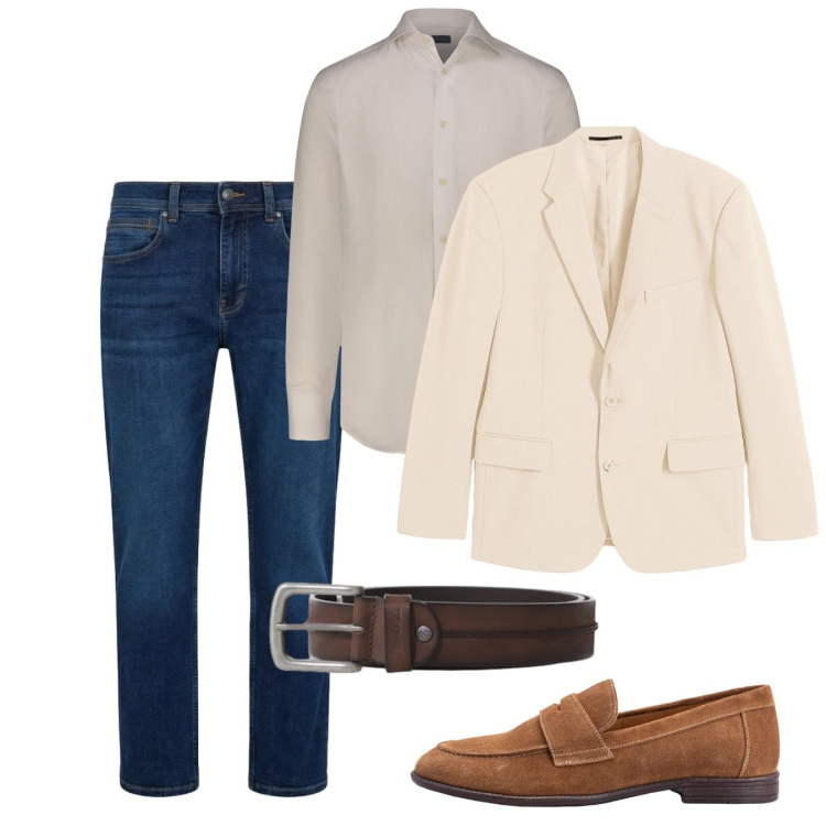 Outfit uomo - Maggio. Stile Casual per Tutti i giorni. Abbinamento con giacche, cinture, jeans dritti, camicie, scarpe stringate.