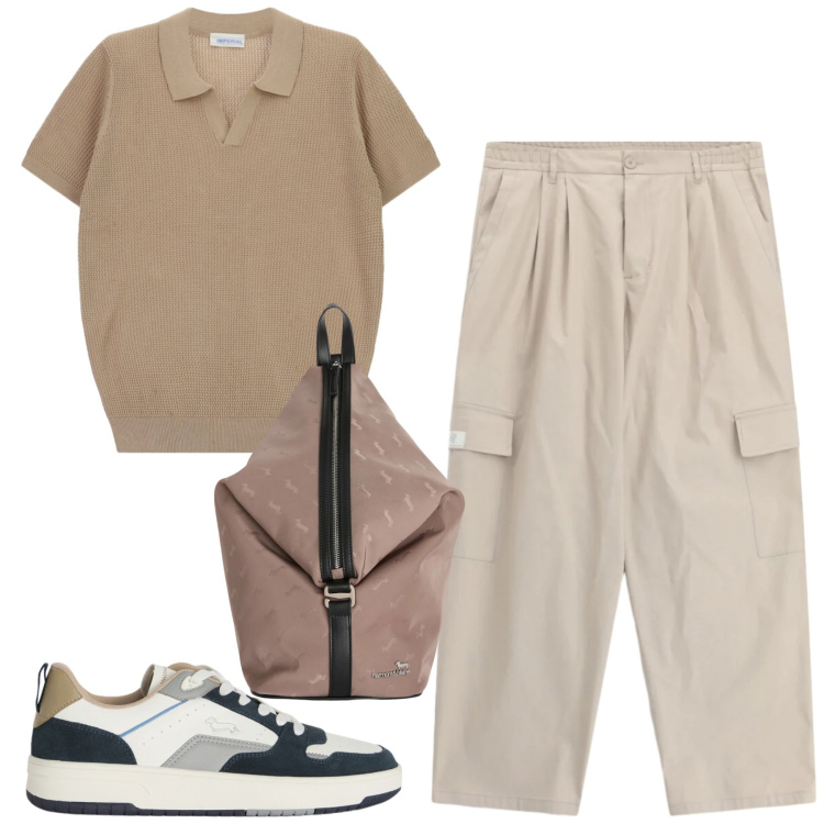 Outfit uomo - Weekend. Stile Casual per Tutti i giorni. Abbinamento con pantaloni cargo, t-shirt, borse sportive, sneakers.