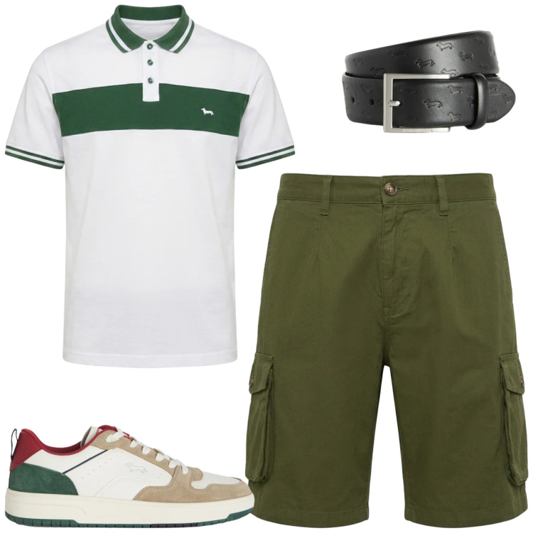 Outfit uomo - City. Stile Casual per Tutti i giorni. Abbinamento con sneakers, cinture, polo, bermuda.