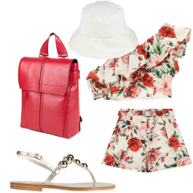 Outfit donna - L\'estate Imperial. Stile Casual chic per Tutti i giorni. Abbinamento con cappelli, zaini, infradito, top, shorts.