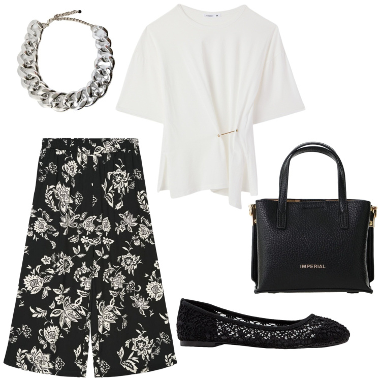 Outfit donna - Total look #2408951. Stile Romantica per Ufficio. Abbinamento con ballerine, t-shirt, pantaloni a palazzo, borse a tracolla, collane.