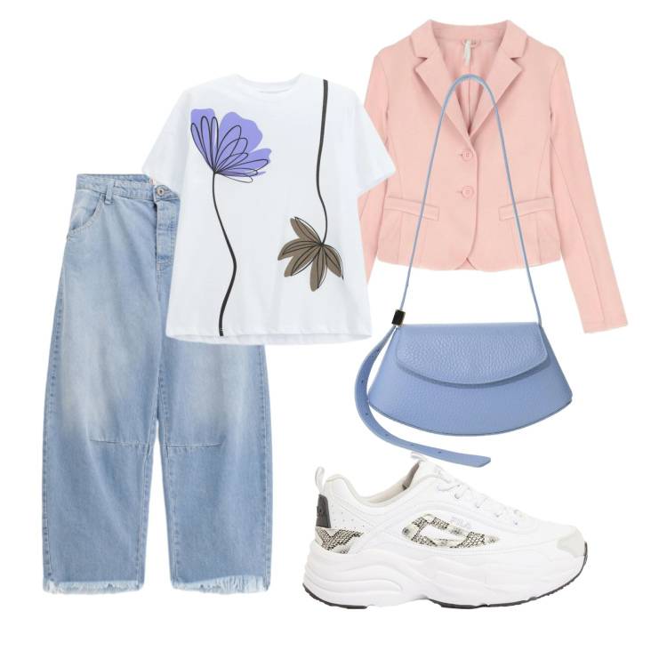 Outfit donna - A spasso senza stress. Stile Casual chic per Tutti i giorni. Abbinamento con sneakers, borse a spalla, t-shirt, blazer, jeans.