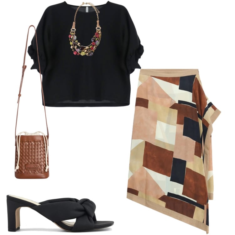 Outfit donna - City Summer Mood. Stile Casual chic per Tutti i giorni. Abbinamento con bluse, borse a secchiello, collane, gonne longuette, sandali col tacco.
