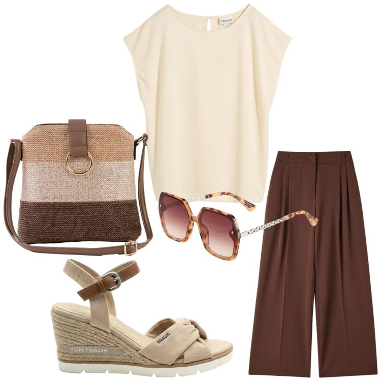 Outfit donna - Total look #2408956. Stile Minimal per Ufficio. Abbinamento con occhiali da sole, borse a tracolla, sandali col tacco, maglieria, pantaloni.