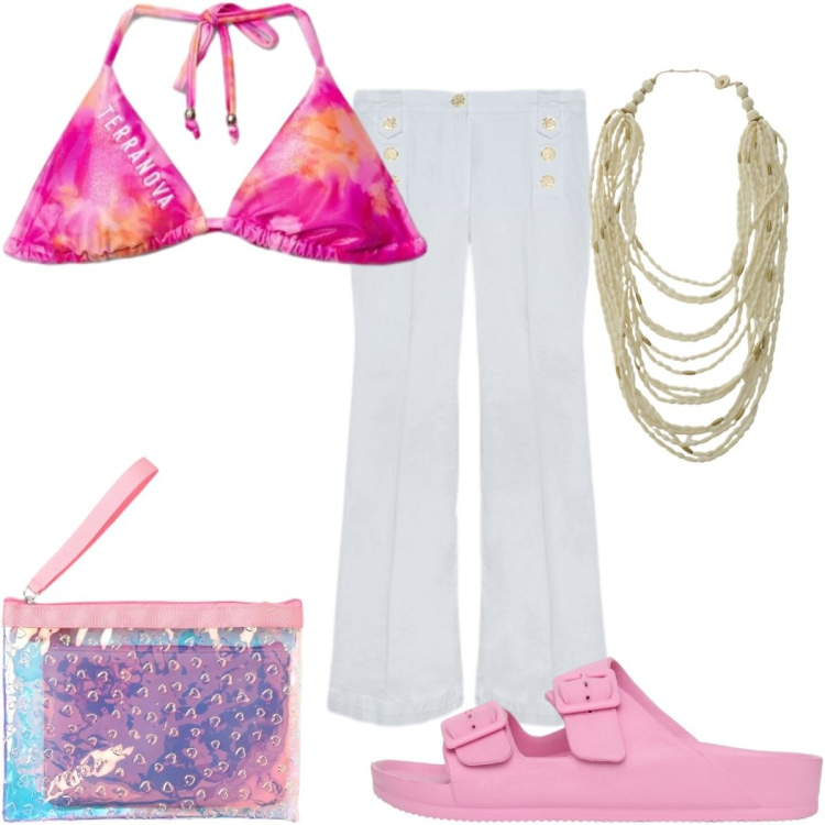 Outfit donna - Total look #2408958. Stile 70s per Mare. Abbinamento con pochette, ciabatte, bikini, collane, jeans.