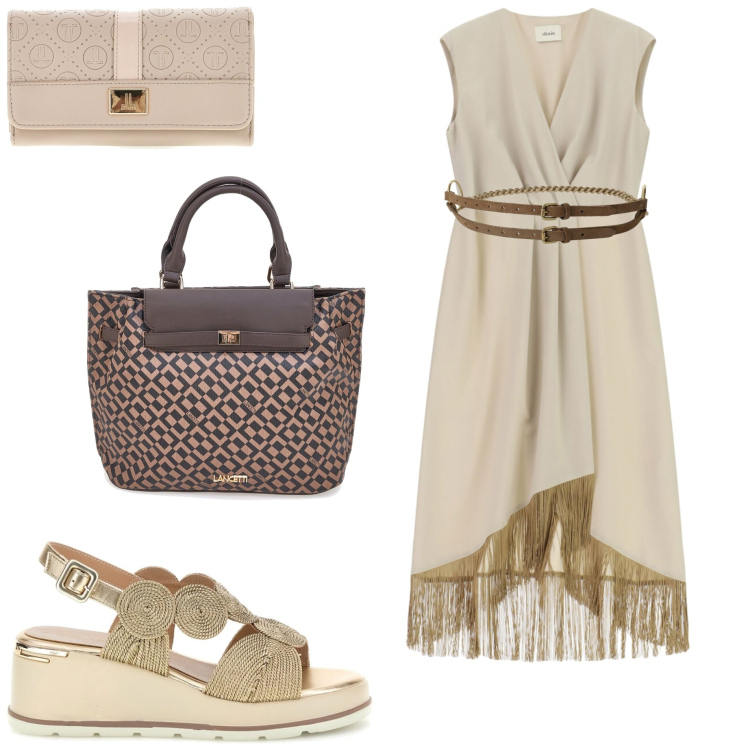 Outfit donna - City Summer Mood. Stile Casual chic per Tutti i giorni. Abbinamento con cinture, vestiti asimmetrici, borse a mano, sandali col tacco, portafogli.