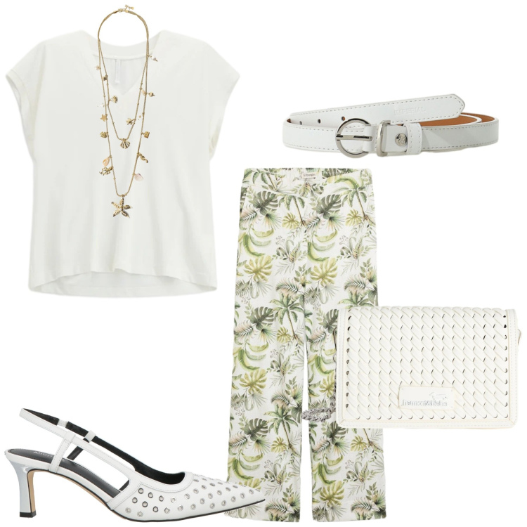 Outfit donna - Total look #2408965. Stile Etnico per Ufficio. Abbinamento con décolleté, pantaloni, top, collane, cinture, borse a tracolla.
