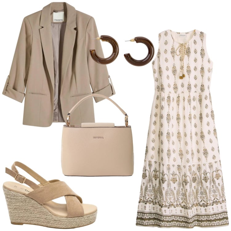 Outfit donna - Total look #2408972. Stile Glamour per Ufficio. Abbinamento con vestiti lunghi, blazer, sandali col tacco, orecchini, borse a secchiello.