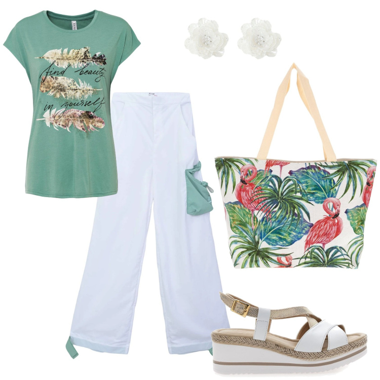 Outfit donna - Total look #2408973. Stile Casual per Tutti i giorni. Abbinamento con t-shirt, pantaloni cargo, orecchini, sandali in pelle, borse tote.