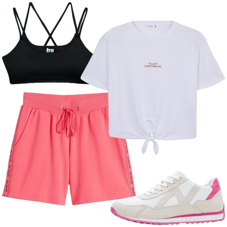 Outfit donna - Total look #2408974. Stile Sporty chic per Sport. Abbinamento con shorts, sneakers, t-shirt, top sportivi.