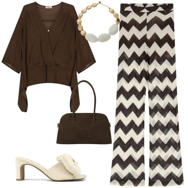 Outfit donna - Chic ufficio tempo libero. Stile Chic per Tutti i giorni. Abbinamento con camicie, cappotti, collane, pantaloni, sandali col tacco.