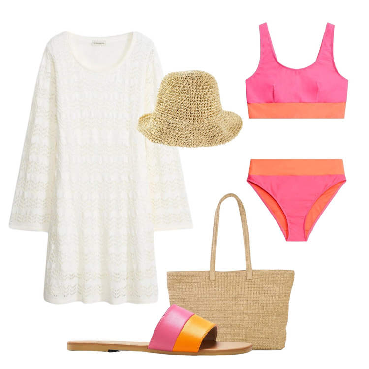 Outfit donna - Sabato al mare. Stile Glamour per Mare. Abbinamento con vestiti, bikini, shopping bag, cappelli, ciabatte.