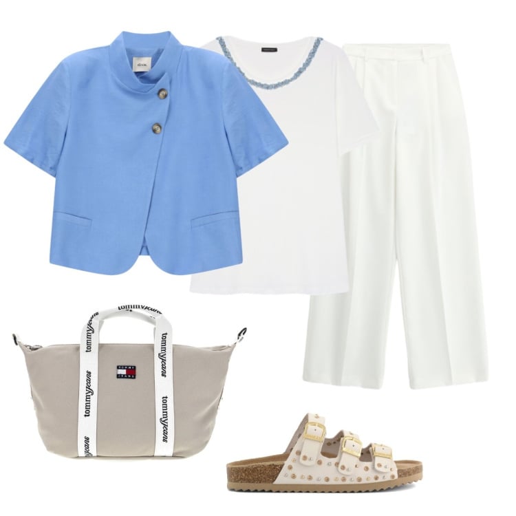Outfit donna - Fine maggio in città. Stile Minimal per Tutti i giorni. Abbinamento con pantaloni a palazzo, blazer, t-shirt, sandali, shopping bag.