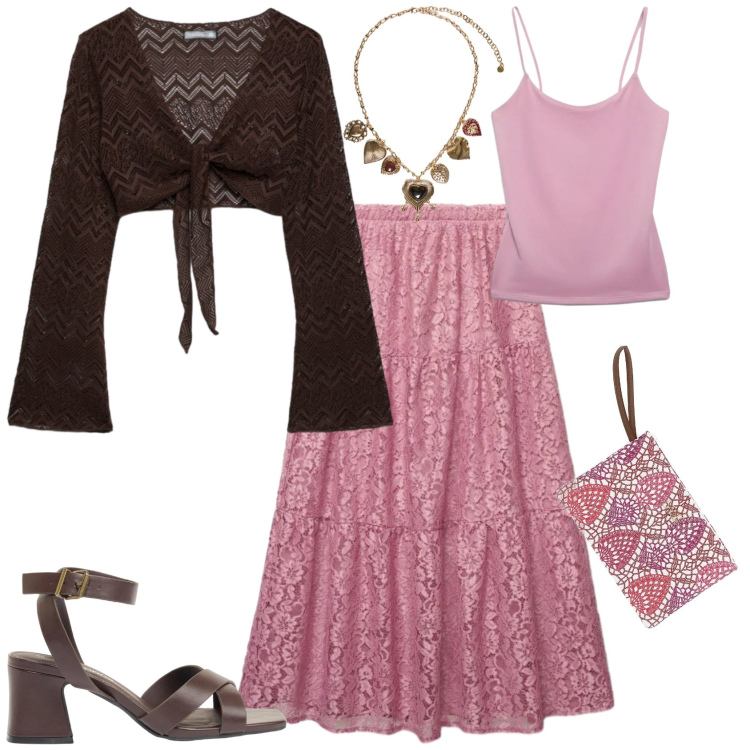 Outfit donna - Romantica aperitivo serata. Stile Romantica per Serata fuori. Abbinamento con sandali col tacco, gonne lunghe, top, canottiere, collane, pochette.