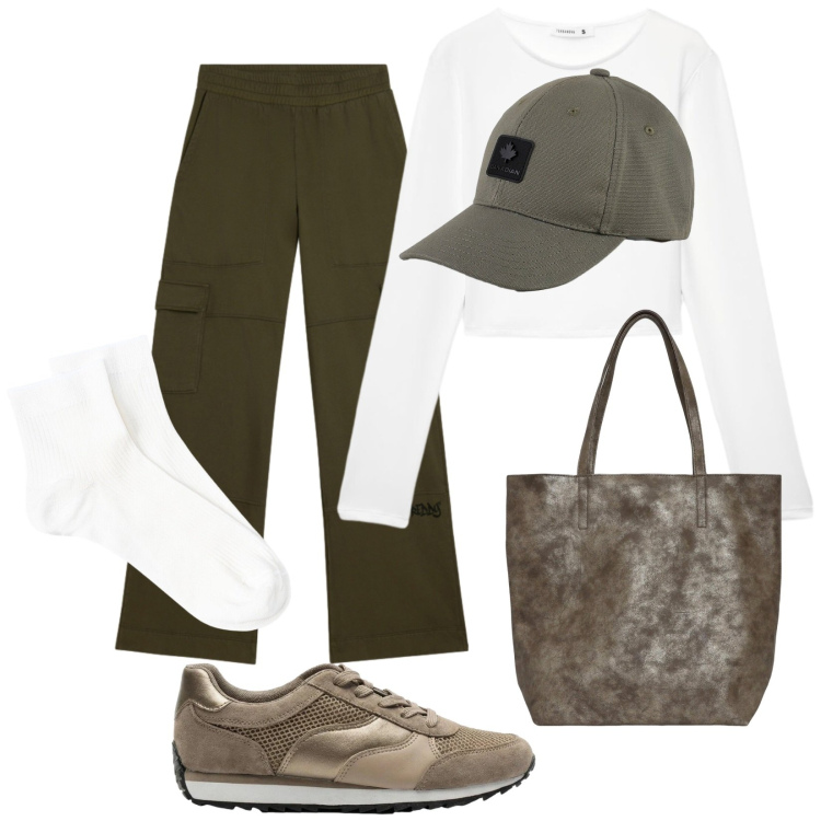 Outfit donna - Urban. Stile Urban per Scuola/Università. Abbinamento con sneakers, shopping bag, t-shirt, pantaloni cargo, cappelli con visiera, calzini.
