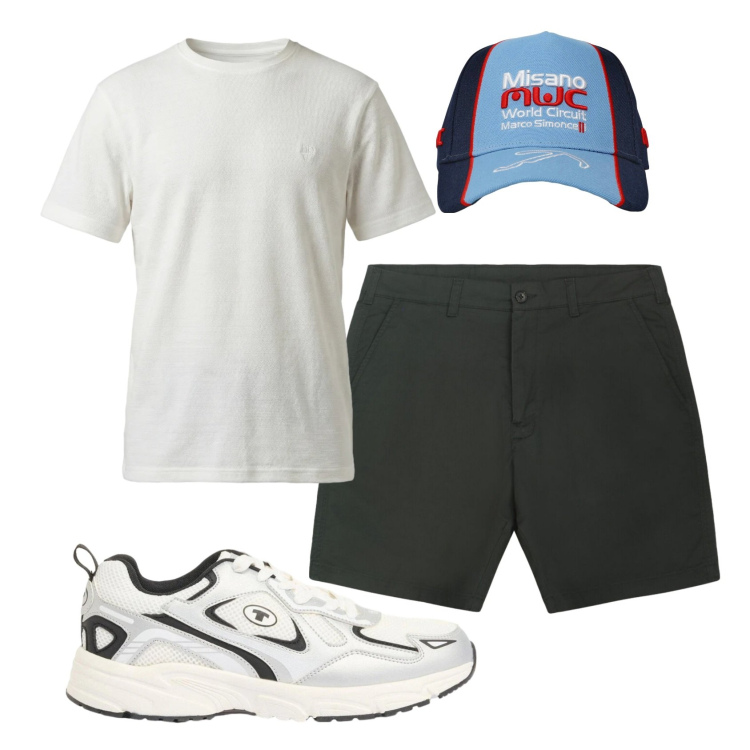 Outfit uomo - Total look #2408988. Stile Casual per Tutti i giorni. Abbinamento con sneakers, cappelli, t-shirt, bermuda.