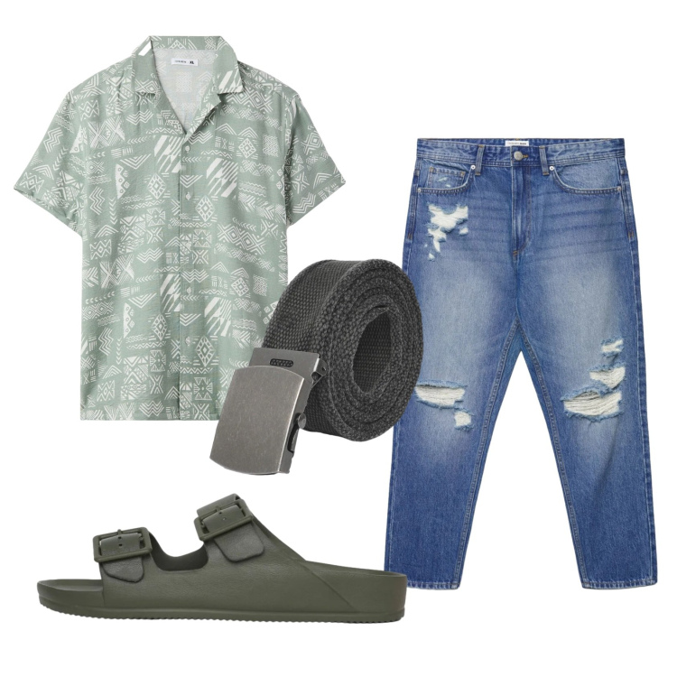 Outfit uomo - Total look #2408997. Stile Trendy per Tutti i giorni. Abbinamento con camicie a manica corta, cinture, jeans strappati, sandali.
