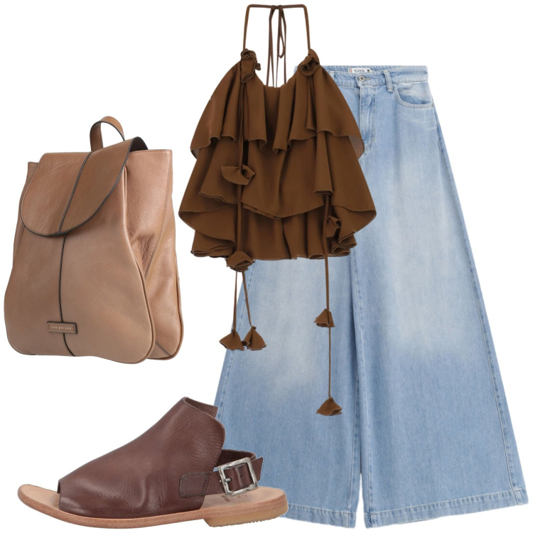 Outfit donna - Caldo.... Stile Etnico per Tutti i giorni. Abbinamento con sandali in pelle, zaini, top, jeans.