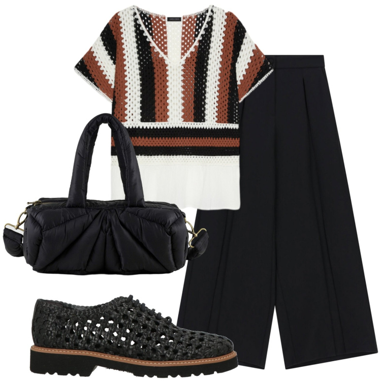 Outfit donna - Trame estive. Stile Urban per Tutti i giorni. Abbinamento con scarpe stringate, pantaloni a palazzo, t-shirt, borse a mano.