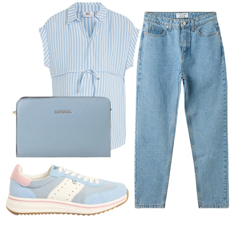 Outfit donna - Total look #2409006. Stile Casual per Ufficio. Abbinamento con bluse, sneakers, jeans mom, borse a tracolla.