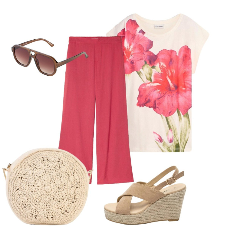 Outfit donna - In città. Stile Glamour per Tutti i giorni. Abbinamento con pantaloni a palazzo, t-shirt, sandali col tacco, borse a tracolla, occhiali da sole.