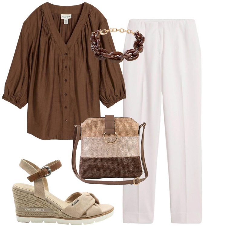 Outfit donna - Chic ufficio tempo libero. Stile Chic per Tutti i giorni. Abbinamento con bluse, pantaloni, borse a tracolla, braccialetti, sandali col tacco.