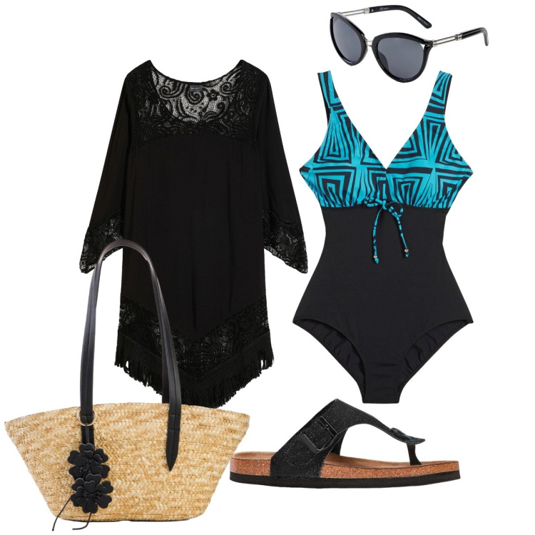 Outfit donna - Giornata al mare. Stile Glamour per Mare. Abbinamento con vestiti da spiaggia, costumi interi, infradito, shopping bag, occhiali da sole.