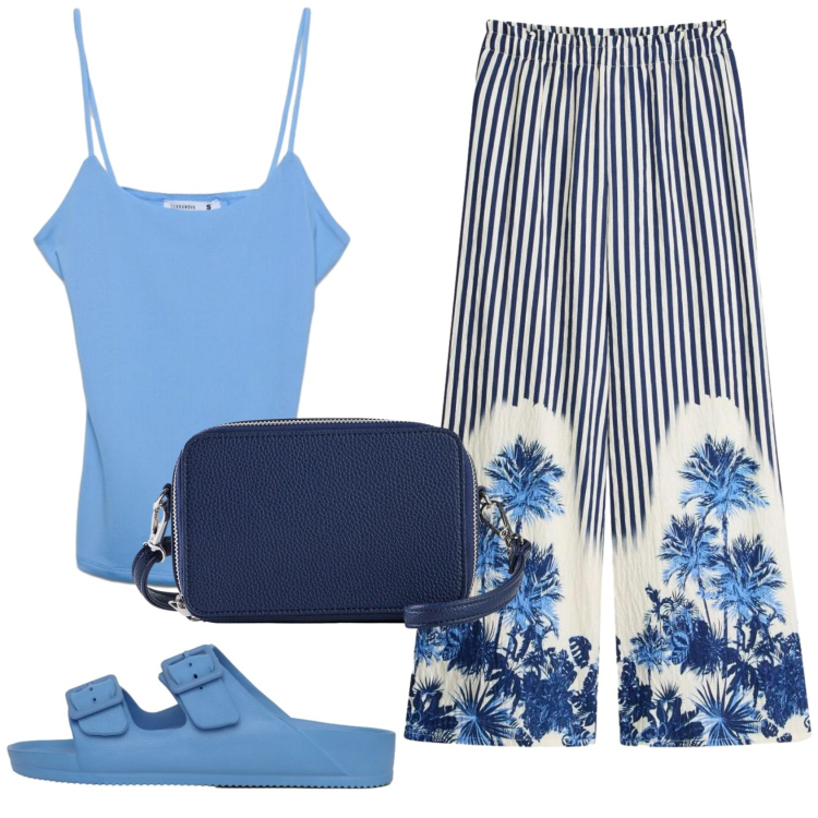 Outfit donna - Total look #2409010. Stile Trendy per Tutti i giorni. Abbinamento con pantaloni a palazzo, borse a tracolla, ciabatte, canottiere.