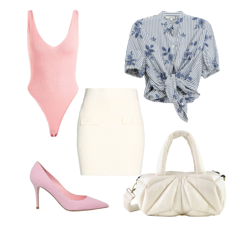Outfit donna - Look da Ufficio. Stile Casual chic per Ufficio. Abbinamento con body, décolleté, minigonne, camicie a manica corta, borse a mano.